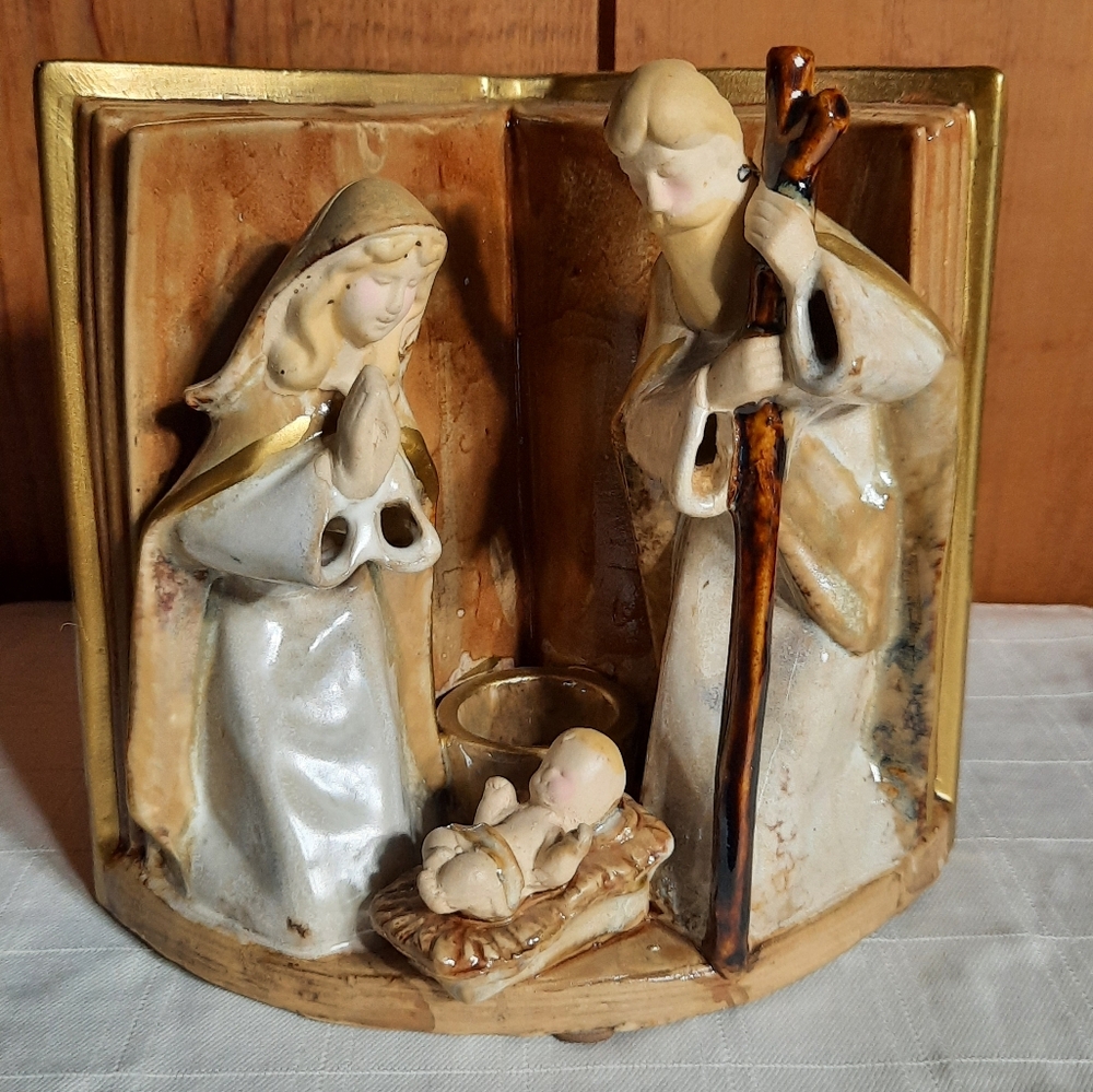 Vintage Christmas Nativity Scene Joseph Mary Baby Jesus in Front of Open Bible